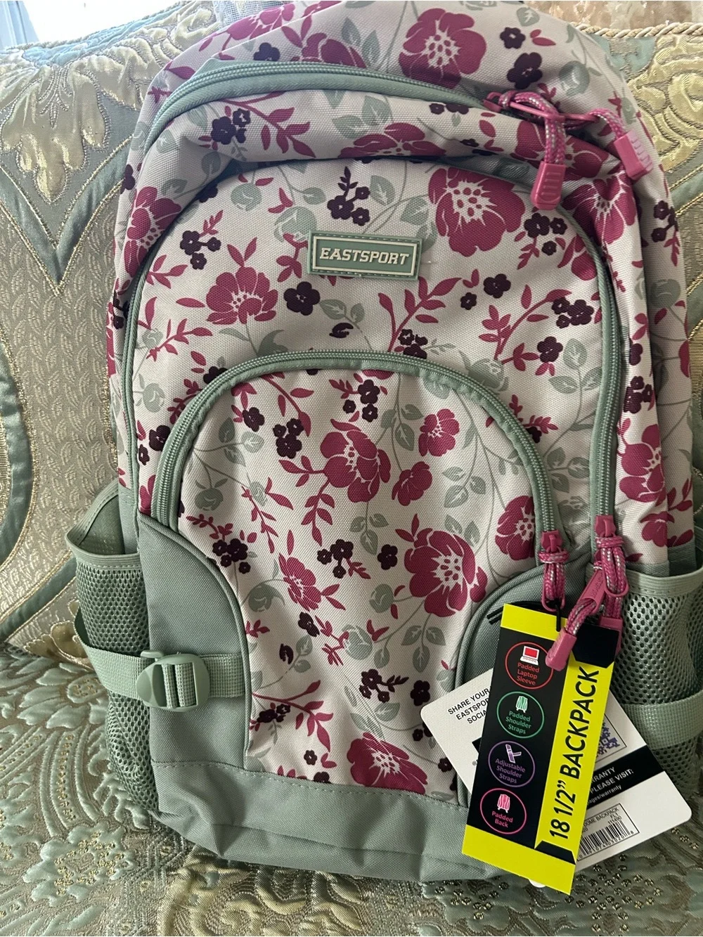 Eastsport Mint Floral Women's Backpack with Pink Accents